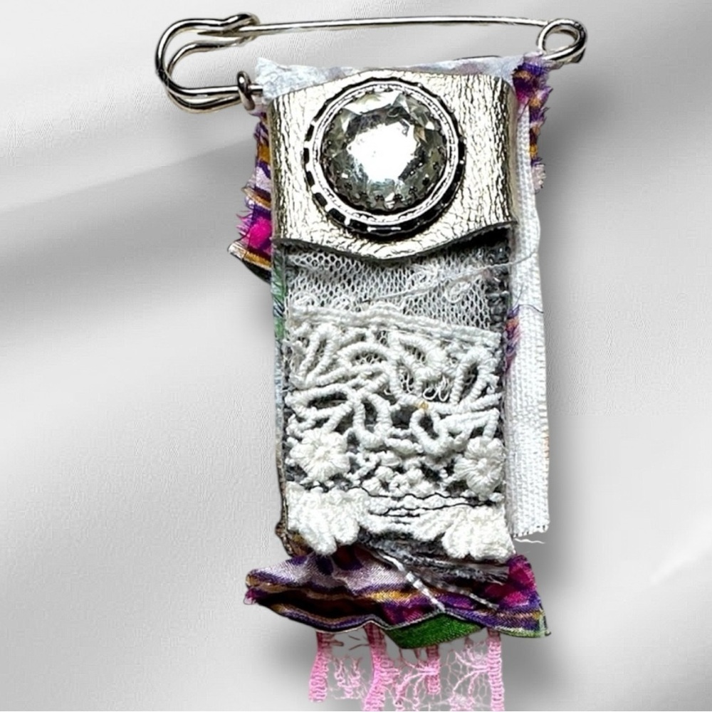 Boho | Fabric Brooch |,Hand Crafted Pin Crystal Embellished 5’ Silk and Lace